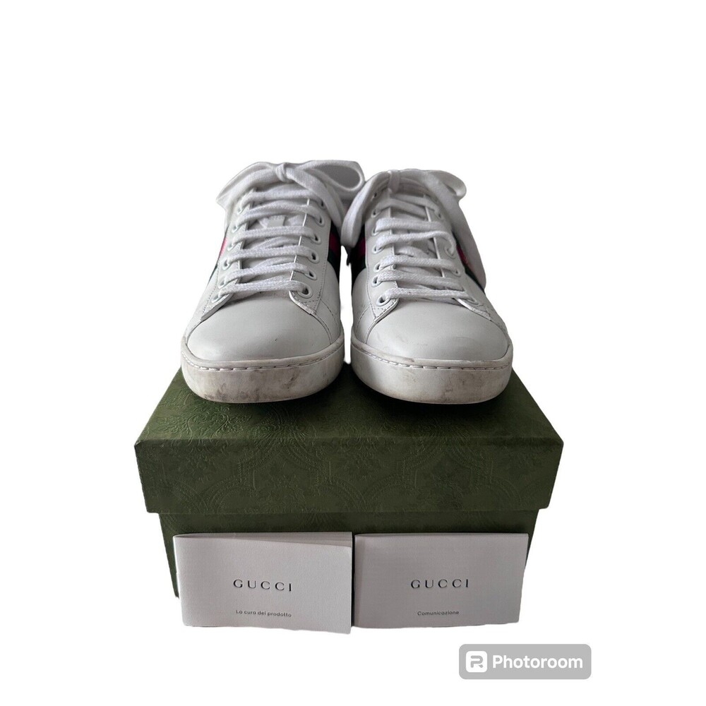 GUCCI ACE Bee Embroidery Fashion Board Shoes Womens White Green Sneaker Size 37
